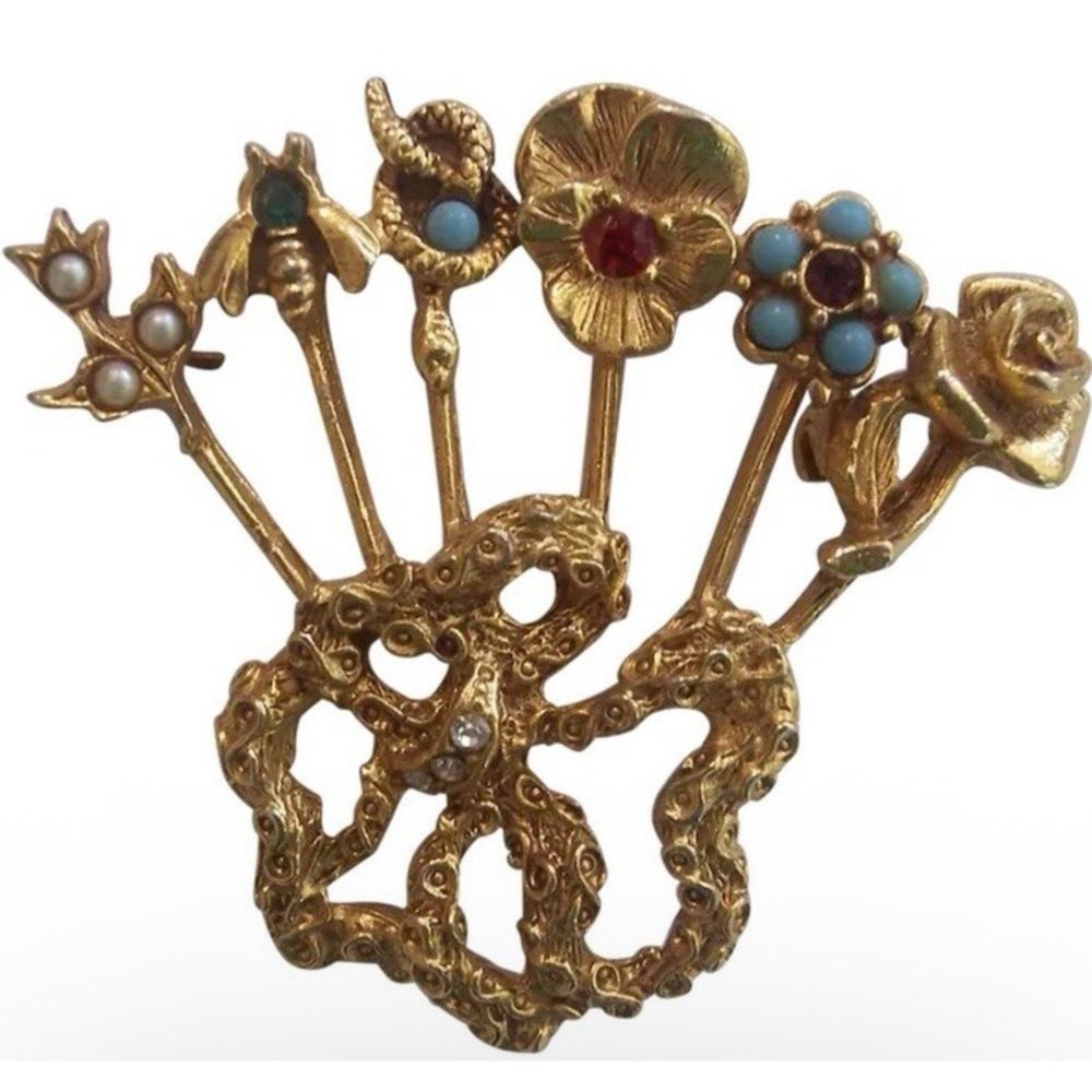 Unsigned Goldette Multi Stone 6 Stick Pin Brooch Flowers Bee Pansy Pearl Ruby